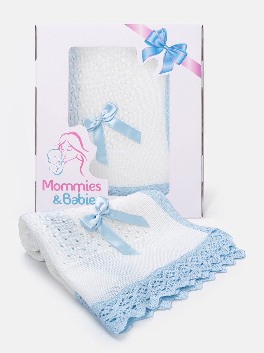 Baby Open Dot Knitted Spanish Blanket with Bow - White and Baby Blue