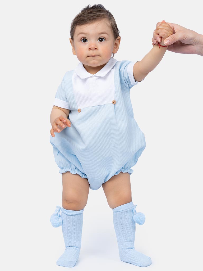 Baby Boy Raul Collection Spanish Romper - Baby Blue & White