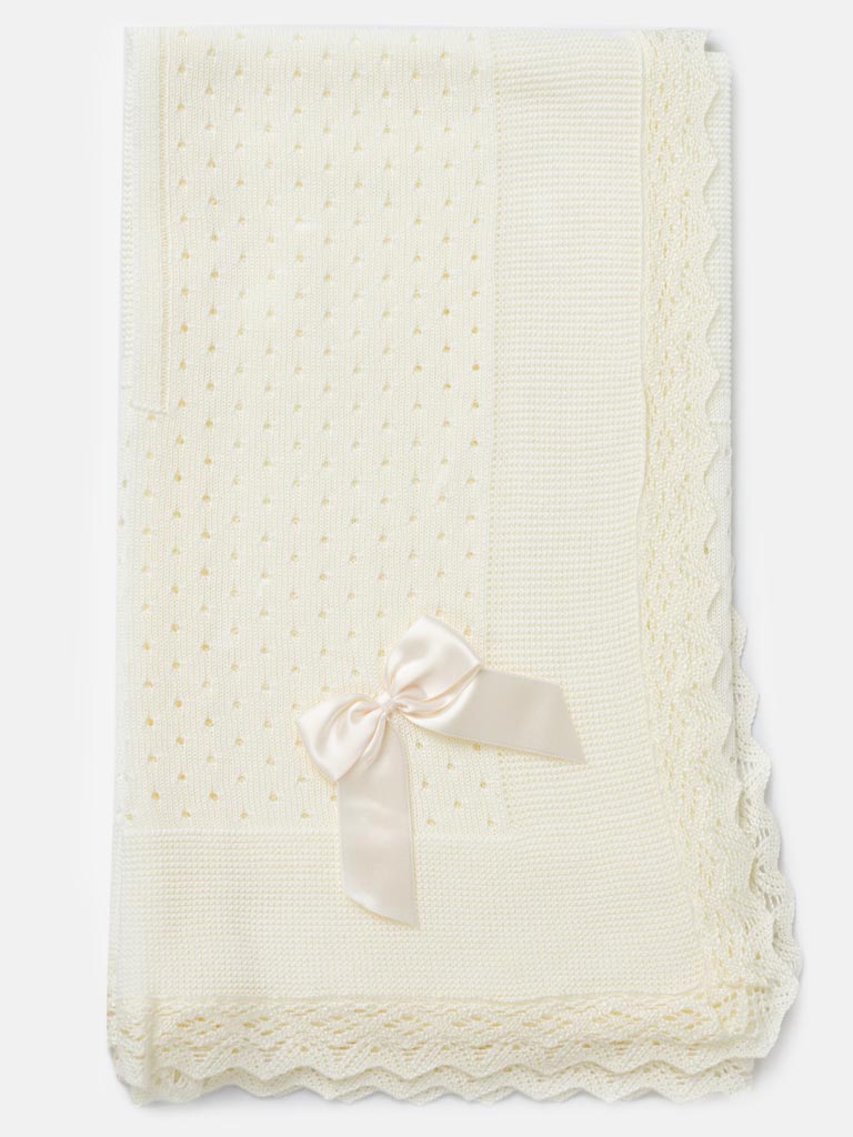 Baby Open Dot Knitted Spanish Blanket with Bow-Ivory