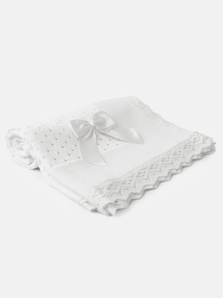 Baby Open Dot Knitted Spanish Blanket with Bow-White