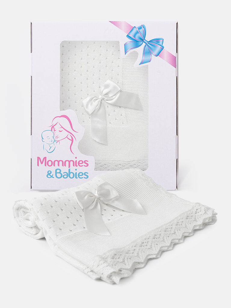 Baby Open Dot Knitted Spanish Blanket with Bow-White