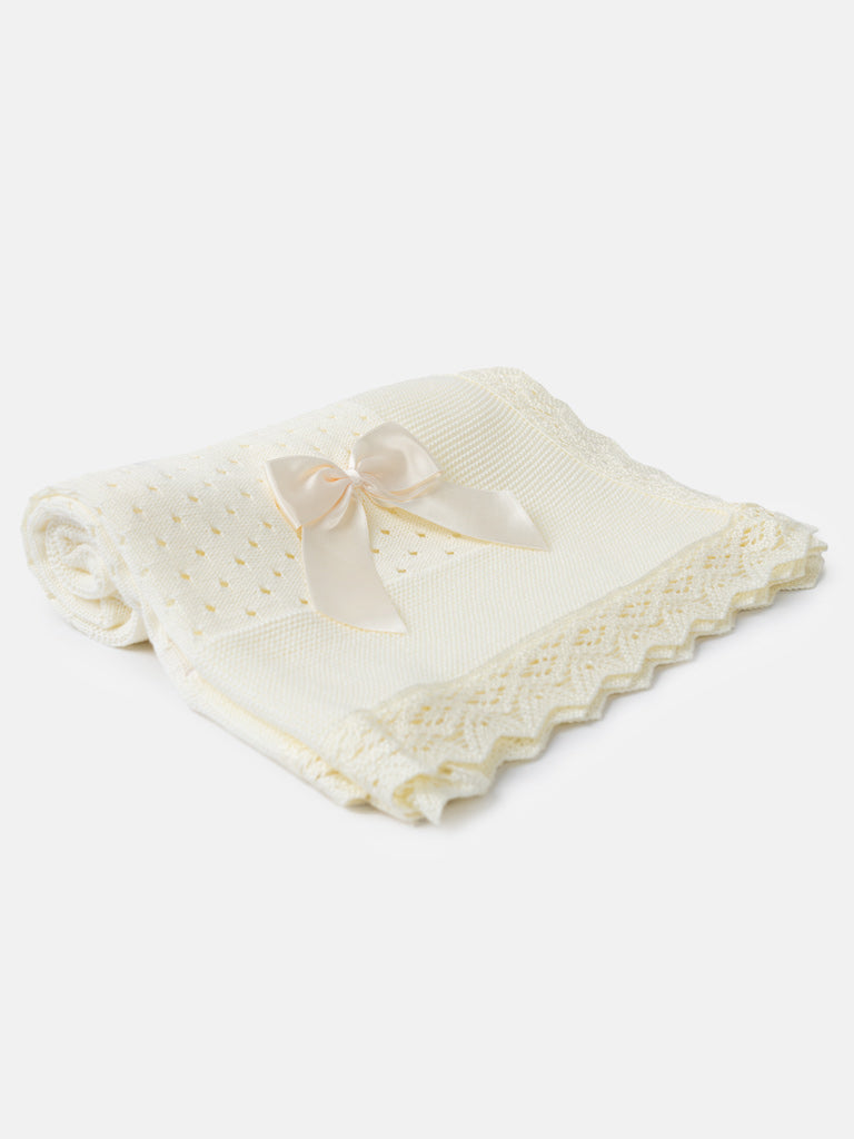 Baby Open Dot Knitted Spanish Blanket with Bow-Ivory