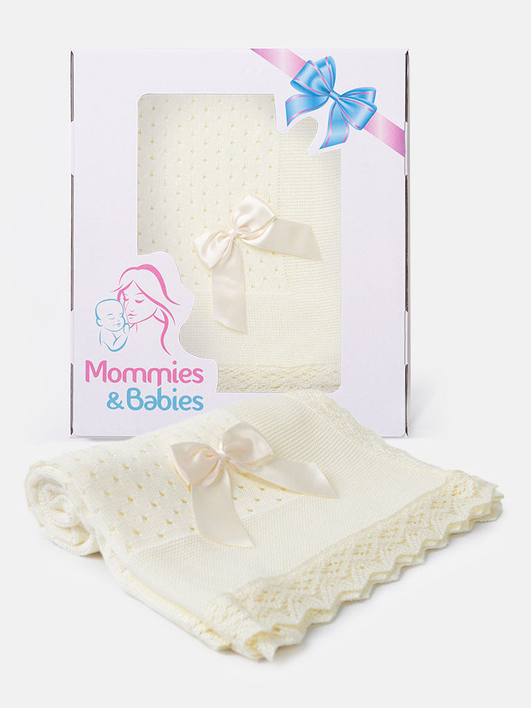 Baby Open Dot Knitted Spanish Blanket with Bow-Ivory