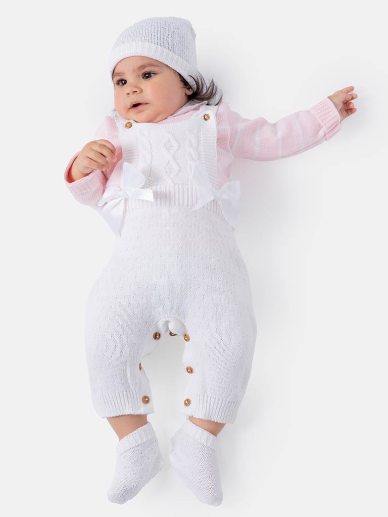 Baby Girl Nia Collection 4-piece Spanish Knitted Set - White with Baby Pink