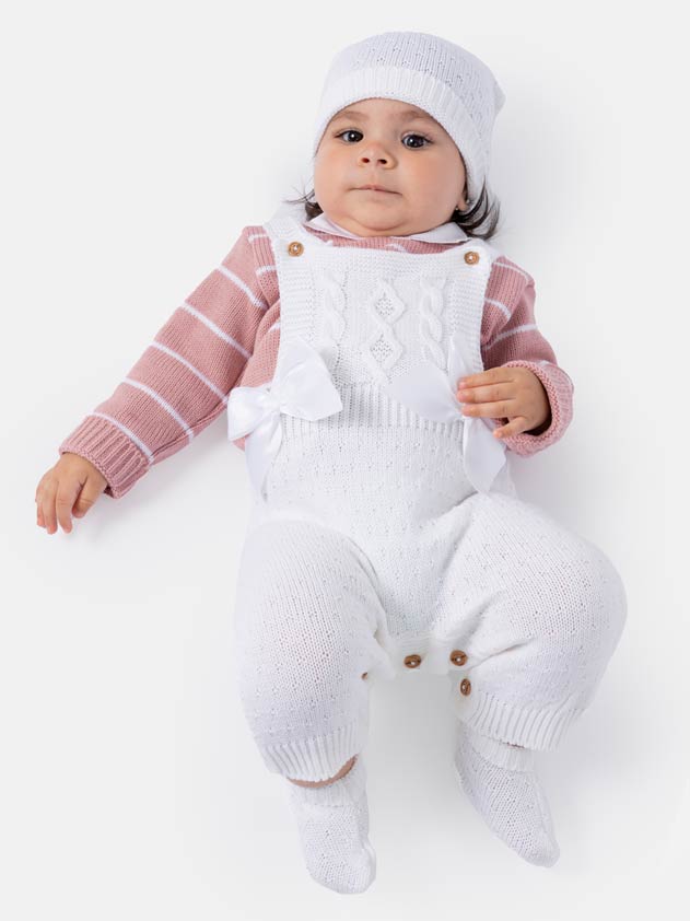 Baby Girl Nia Collection 4-piece Spanish Knitted Set - White with Dusty Pink