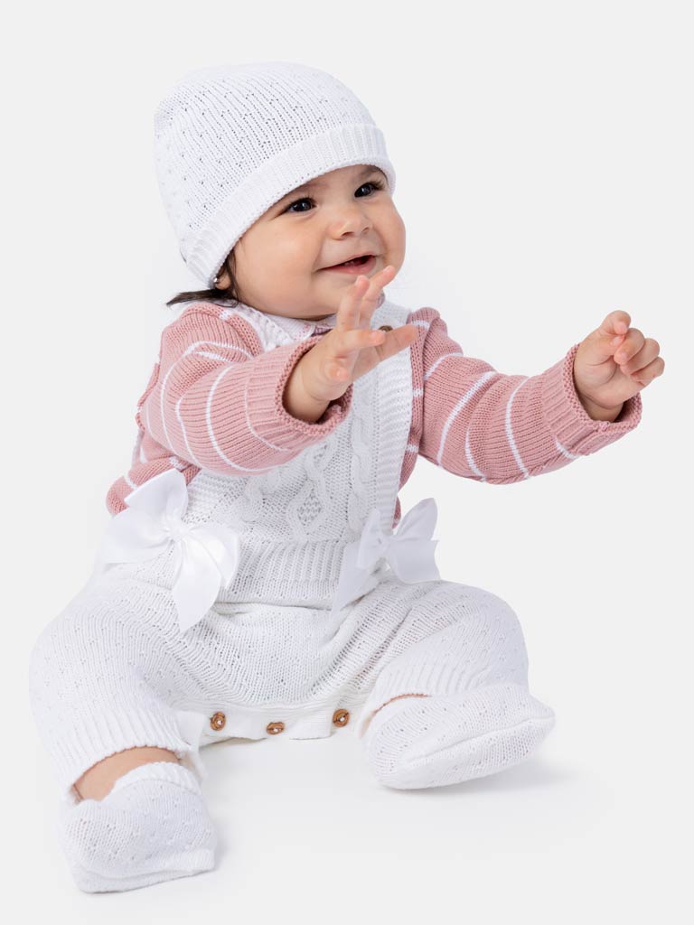 Baby Girl Nia Collection 4-piece Spanish Knitted Set - White with Dusty Pink