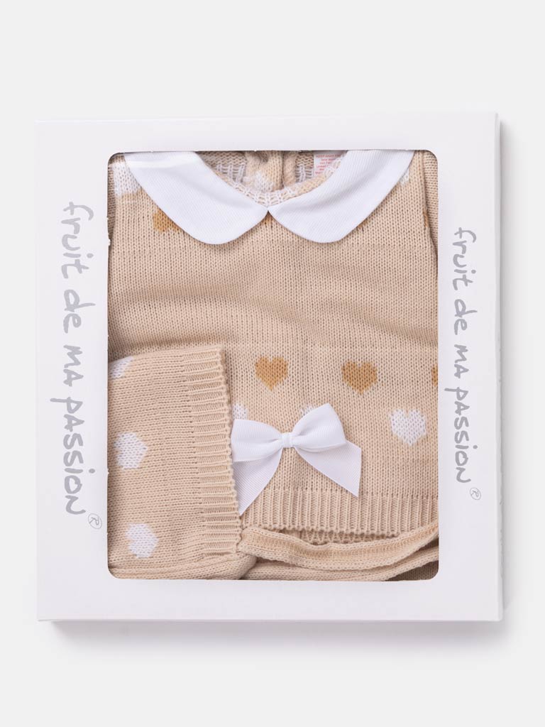 Baby Girl 3-piece Heart Knitted Gift Box Set- Beige