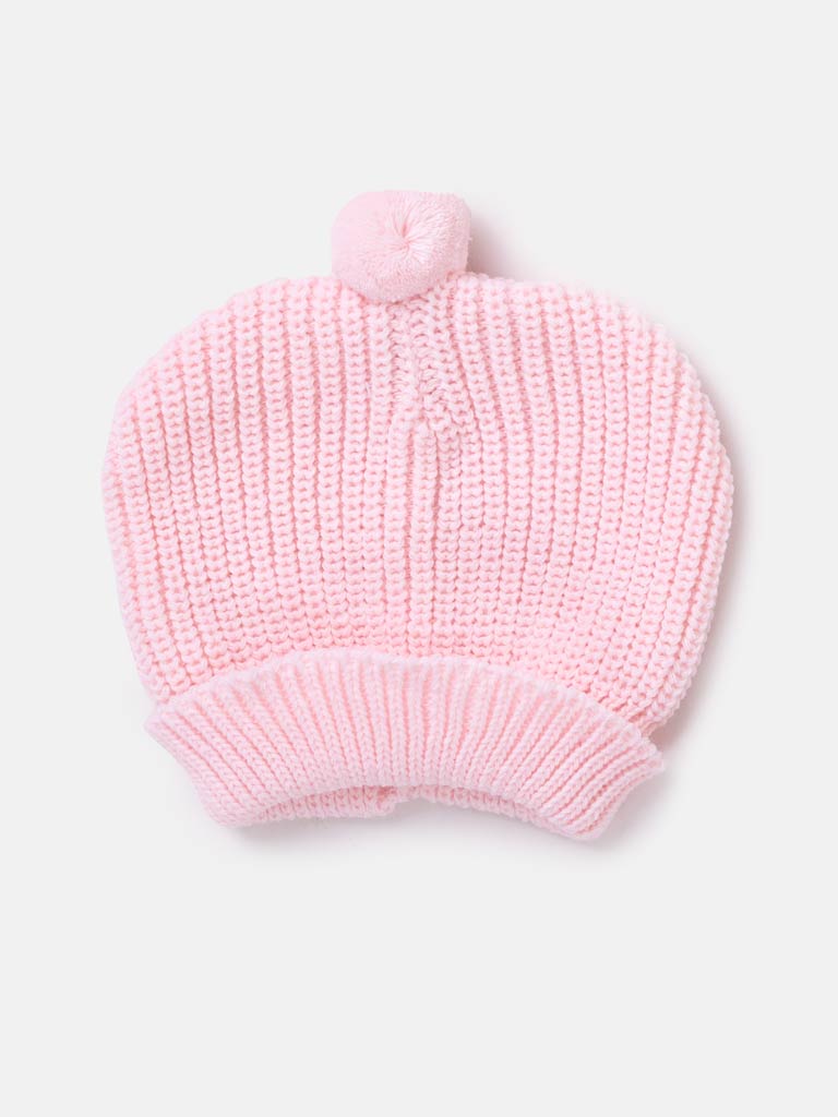 Baby Girl Knitted Hat with Baby Pink Pom-pom - Baby Pink