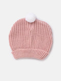 Baby Girl Knitted Hat with White Pom-pom - Dusty Pink