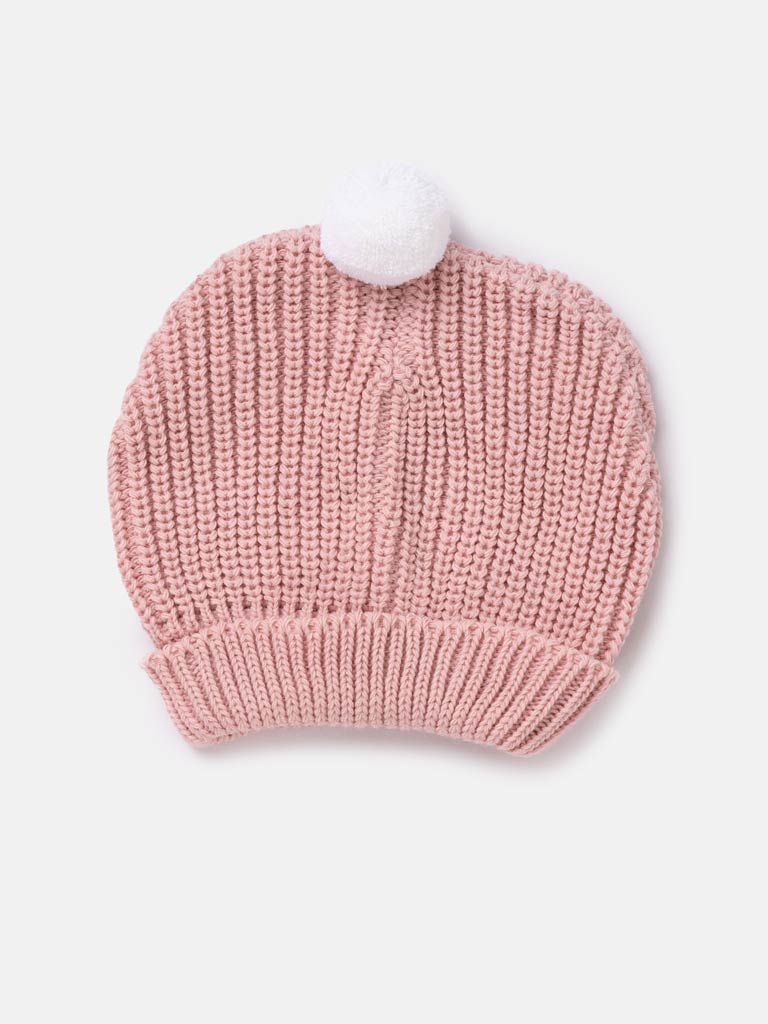 Baby Girl Knitted Hat with White Pom-pom - Dusty Pink