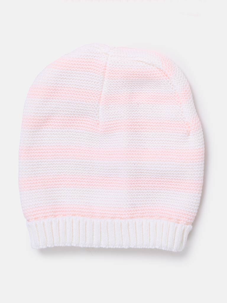 Baby Girl Knitted Hat with Horizontal Lines - Baby Pink