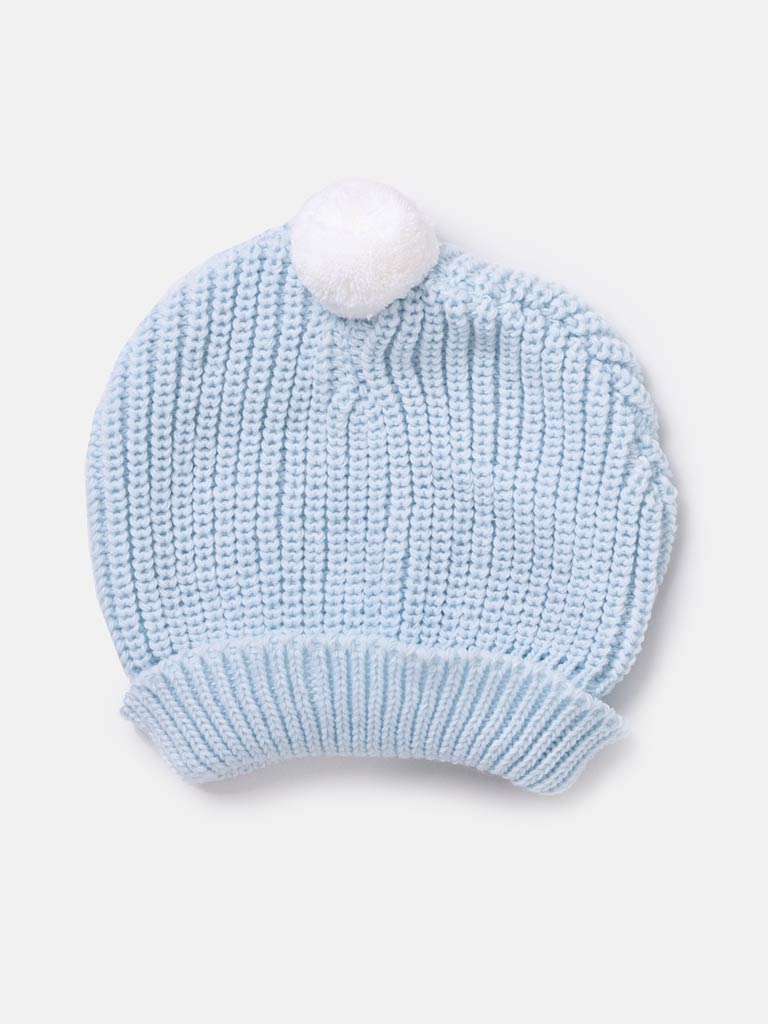 Baby Boy Knitted Hat with White Pom-pom - Baby Blue