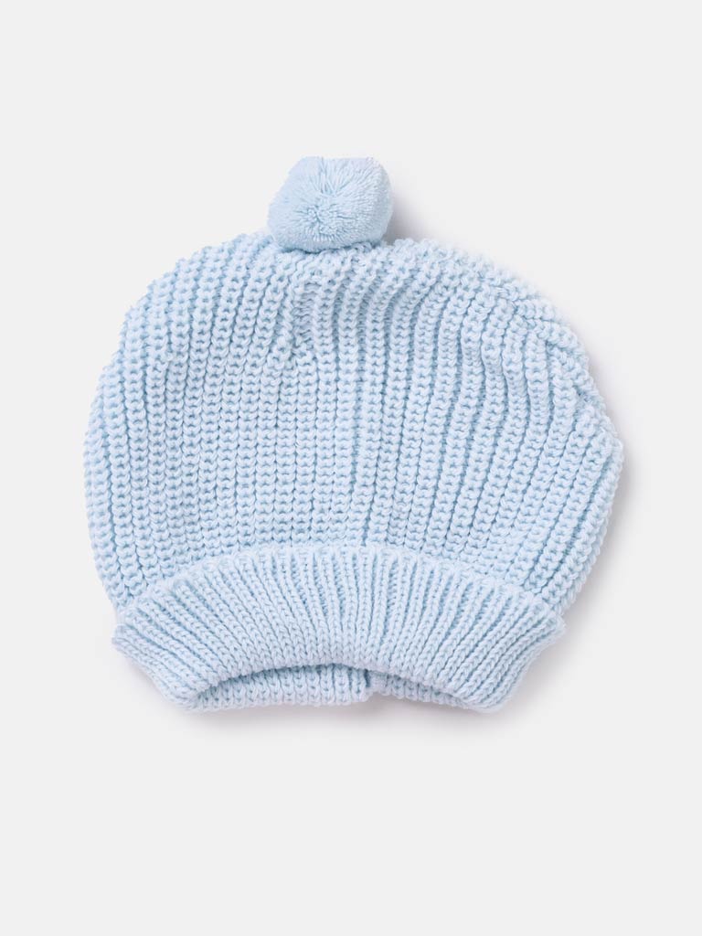 Baby Boy Knitted Hat with Baby Blue Pom-pom - Baby Blue