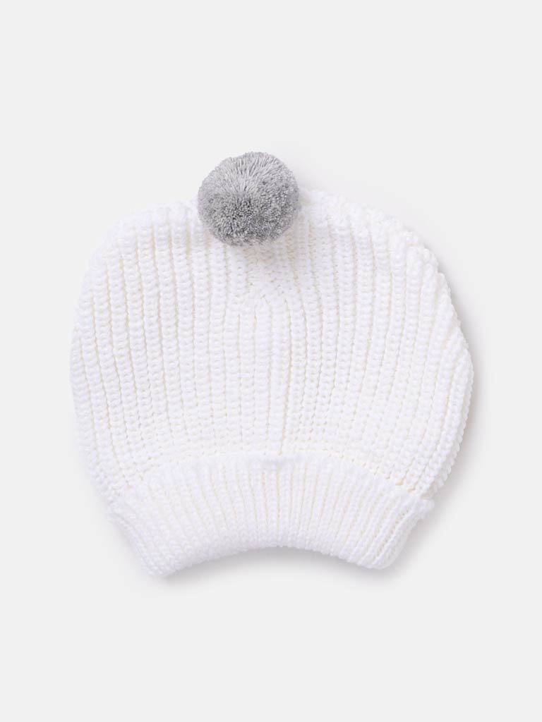 Baby Unisex Knitted Hat with Grey Pom-pom - White