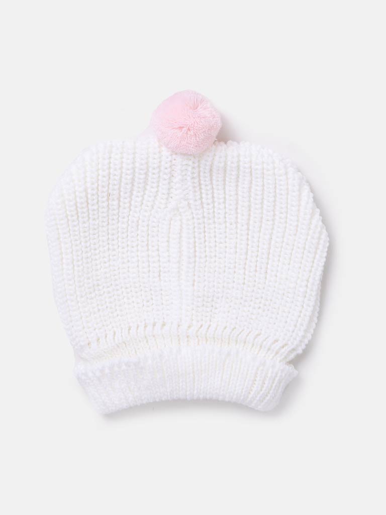 Baby Girl Knitted Hat with Pink Pom-pom - White