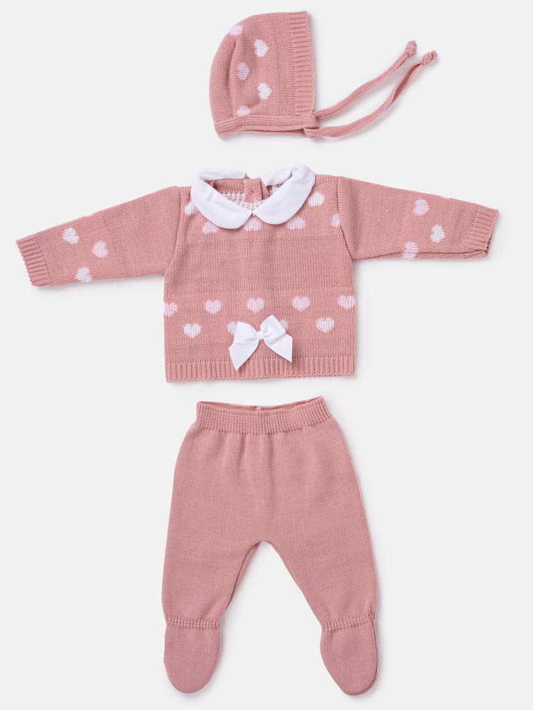 Baby Girl 3-piece Heart Knitted Gift Box Set- Dusty Pink