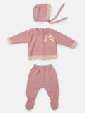 Baby Girl 3-piece Knitted Set with Bow, Bonnet and Trousers - Dusty Pink