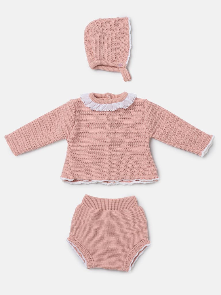 Baby Girl ELIZA Collection knitted 3-piece set - Rose Pink