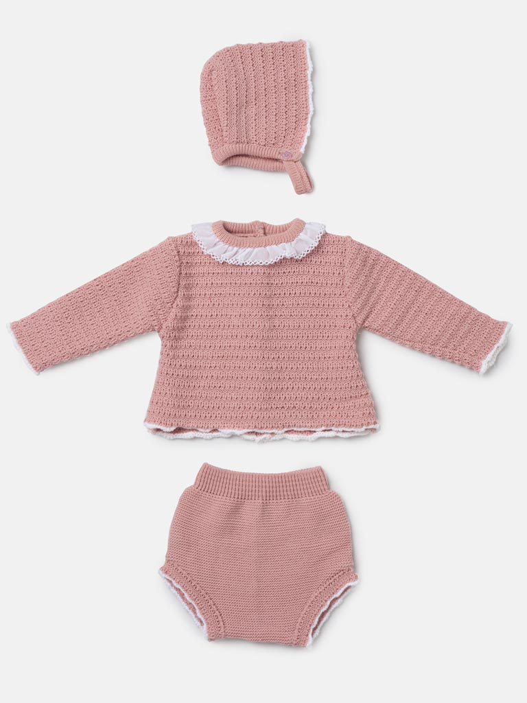 Baby Girl ELIZA Collection knitted 3-piece set - Dusty Pink