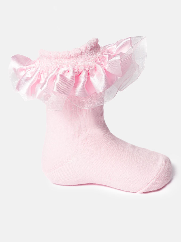 Baby Girl Satin Frill TikTok Ankle Socks - Pink