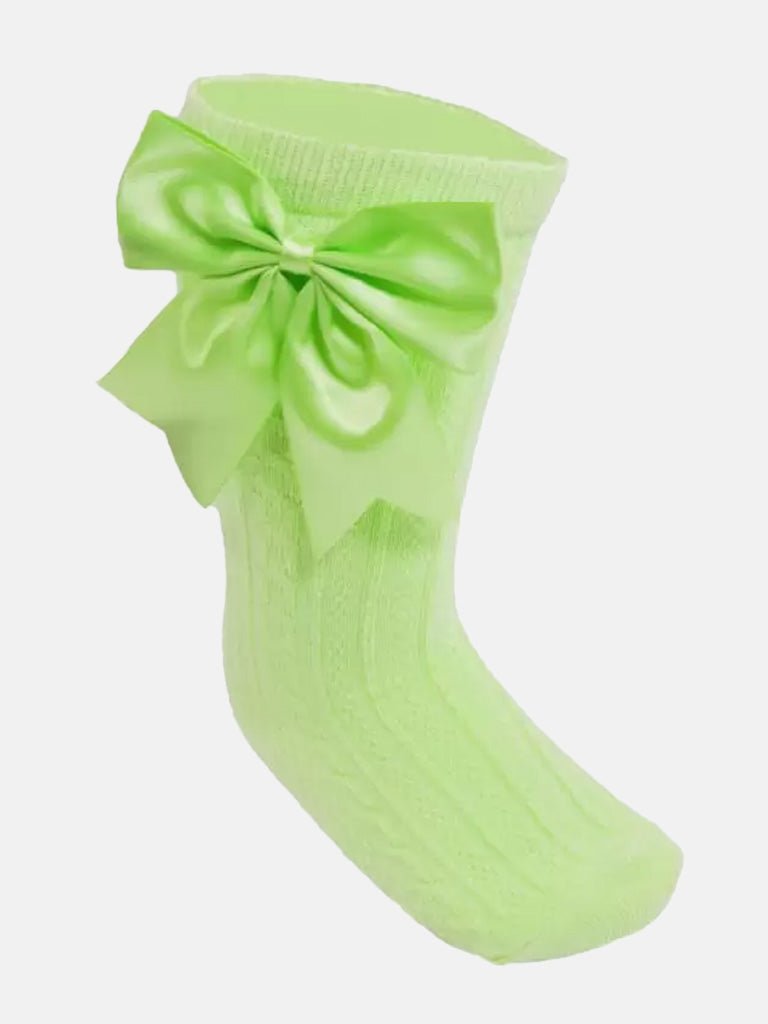 Baby Girl Elegant Cable-Knit Knee Socks with Satin Bow-Lime Green