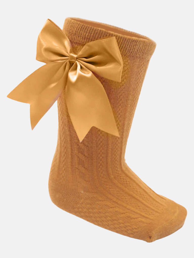 Baby Girl Elegant Cable-Knit Knee Socks with Satin Bow-Mustard Yellow