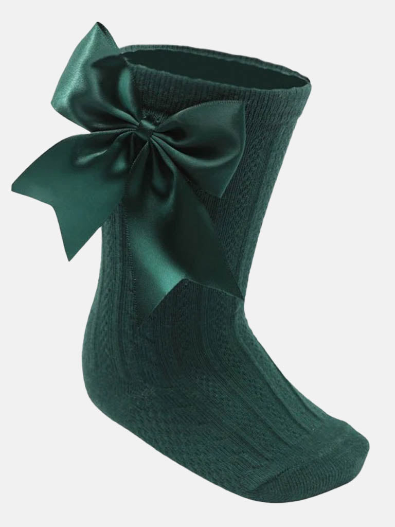 Baby Girl Elegant Cable-Knit Knee Socks with Satin Bow-Emerald Green