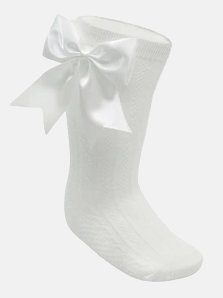 Baby Girl Elegant Cable-Knit Knee Socks with Satin Bow-Ivory