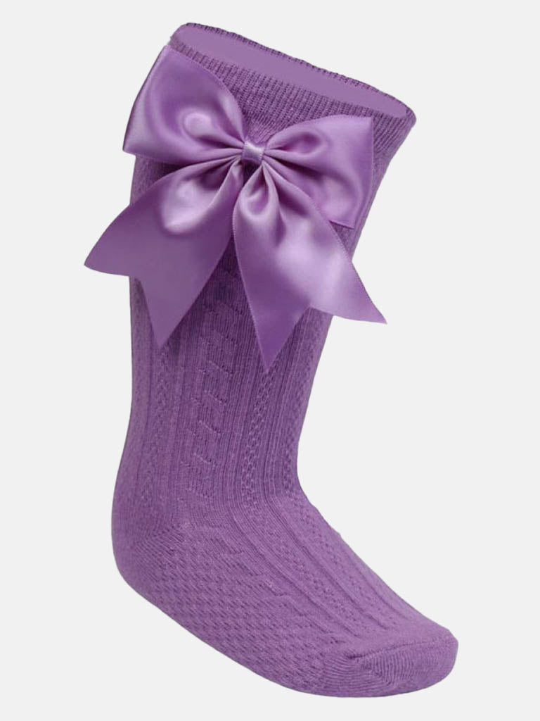 Baby Girl Elegant Cable-Knit Knee Socks with Satin Bow-Purple