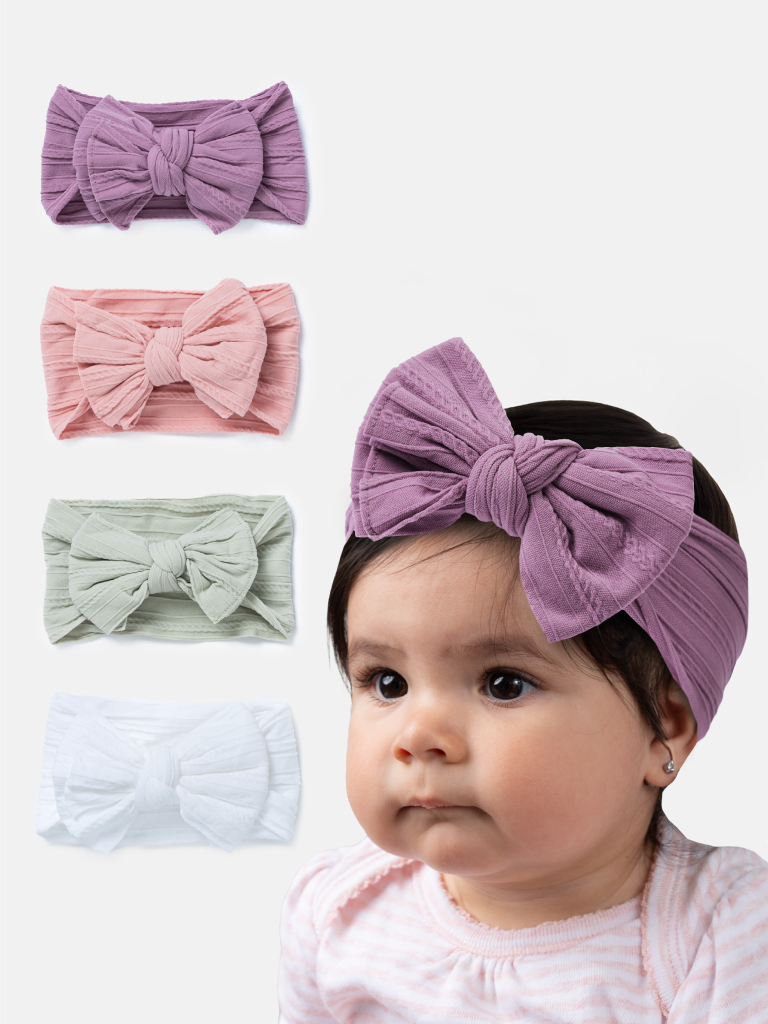 Baby Girl Ribbed Headband with Knotted Bow - Pastel Tones