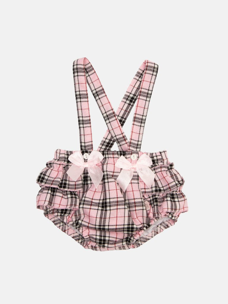 Baby Girl Spanish Bow & Frills Tartan Romper-Baby Pink