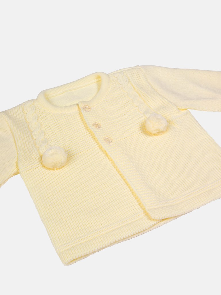 Baby Boy Cable Knit Pom-pom Cardigan-Lemon Yellow