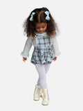 Baby Girl Tartan Romper Set with Bow and Lace - Baby Blue