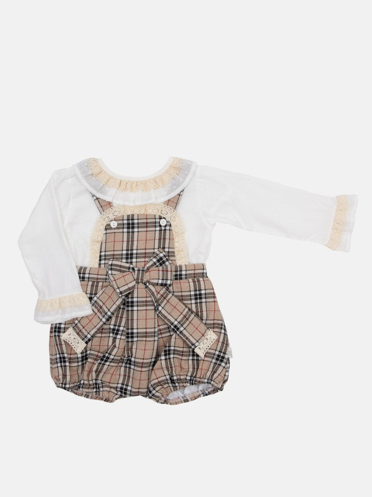 Baby Girl Tartan Romper Set with Bow and Lace-Beige