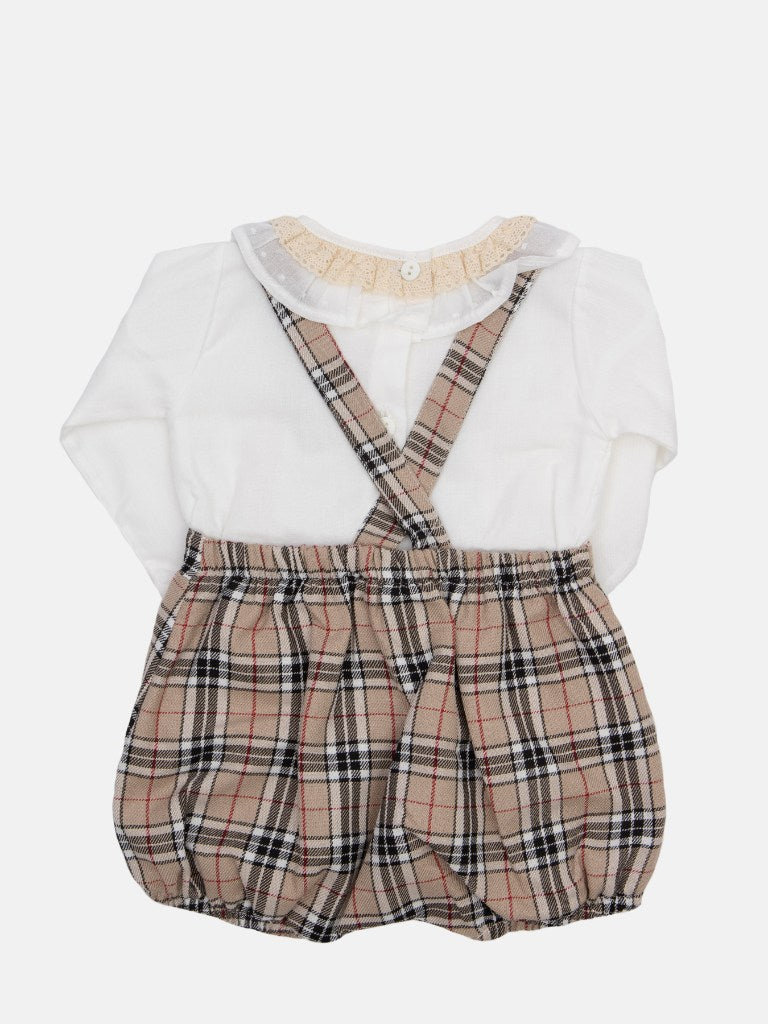 Baby Girl Tartan Romper Set with Bow and Lace-Beige