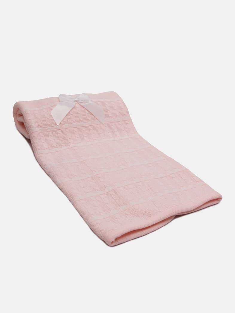 Baby Dotted Stripe Knitted Baby Pink Spanish Blanket with Satin Bow