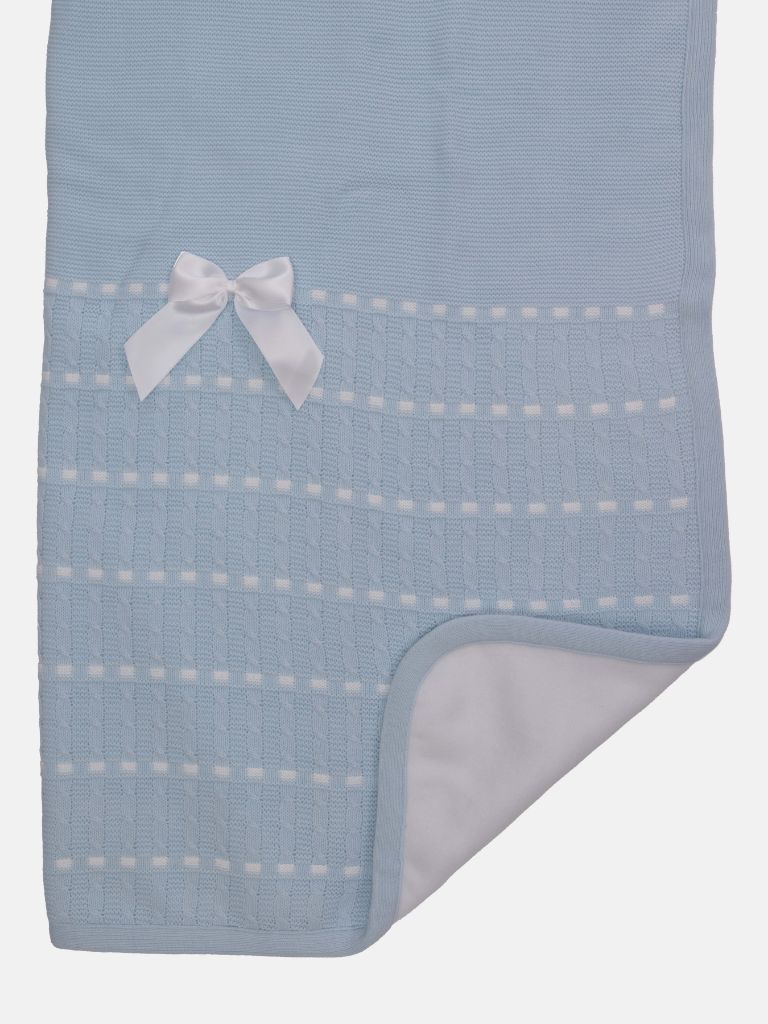 Baby Dotted Stripe Knitted Baby Blue Spanish Blanket with Satin Bow