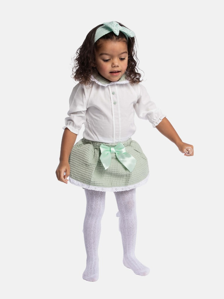Baby Girl Rosa Waffle Romper with Big Bow and Lace - Mint Green - Small Fit - Long Sleeves