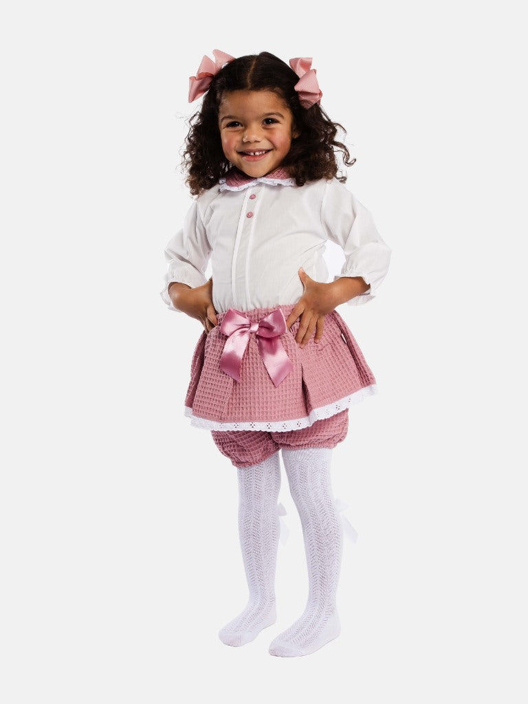 Baby Girl Rosa Waffle Romper with Big Bow and Lace - Rose Pink - Small Fit - Long Sleeves