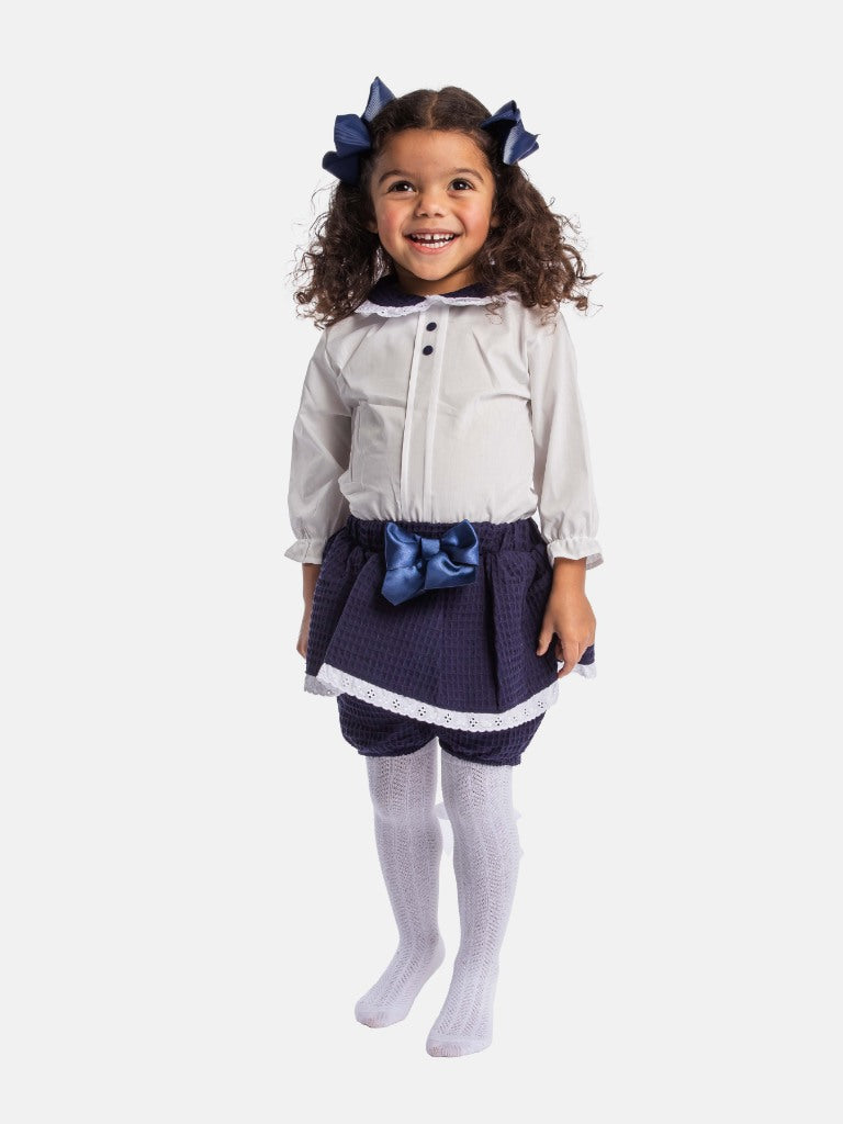 Baby Girl Rosa Waffle Romper with Big Bow and Lace - Navy Blue - Small Fit - Long Sleeves