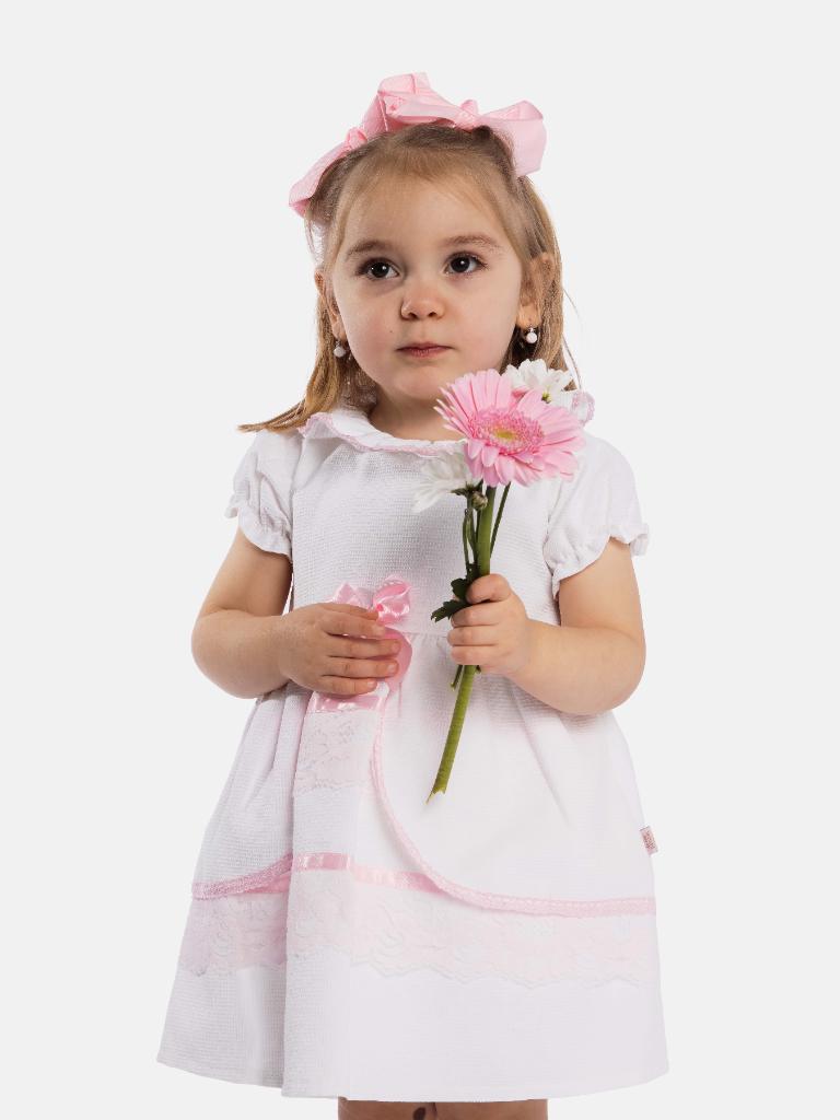 Baby Girl Esmer Collection White with Pink Spanish Dress with Ruffles, Bows and Lace