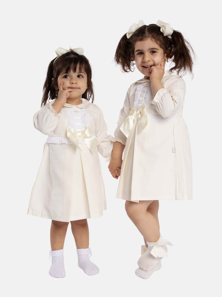 Baby Girl Julieta Classic Dress With Bow Long Sleeves - Cream