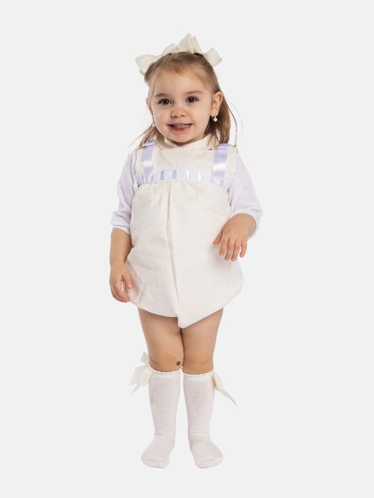 Baby Girl Almera Collection Cream Spanish Romper with Decorative Lace and Satin Bows