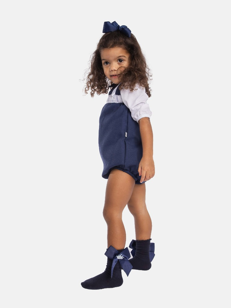 Baby Girl Almera Collection Navy Blue Spanish Romper with Decorative Lace and Satin Bows