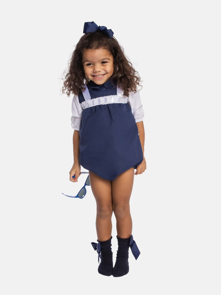 Baby Girl Almera Collection Navy Blue Spanish Romper with Decorative Lace and Satin Bows