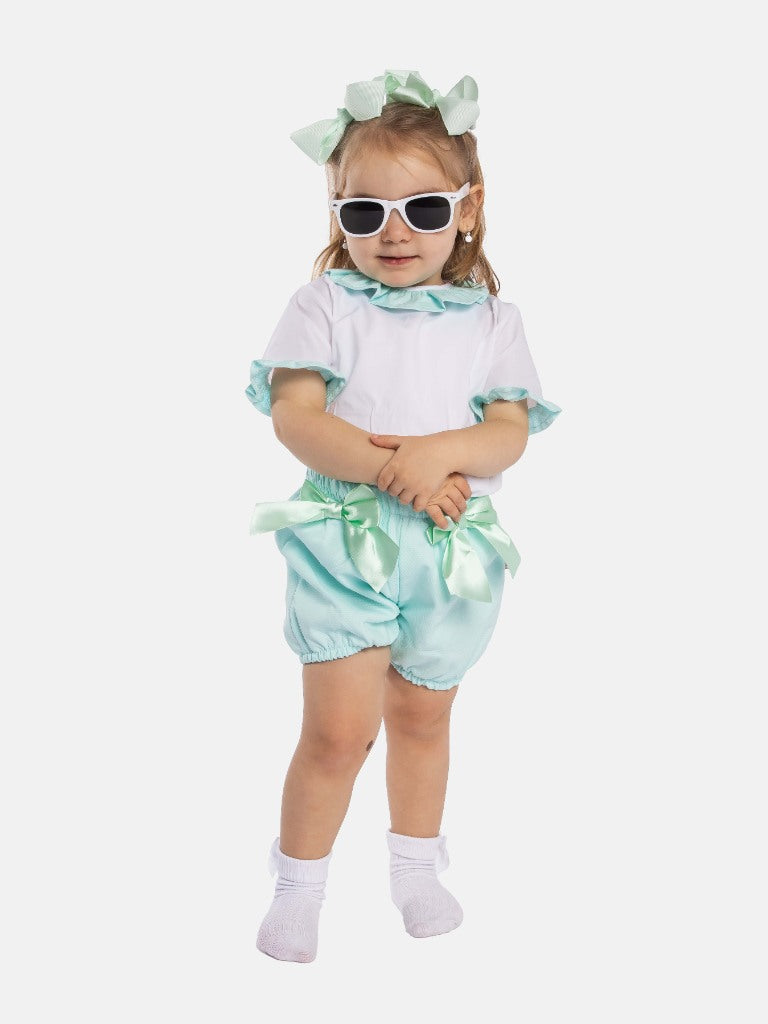 Baby Girl Tavira Collection Spanish Romper with 2 bows-Aqua Blue