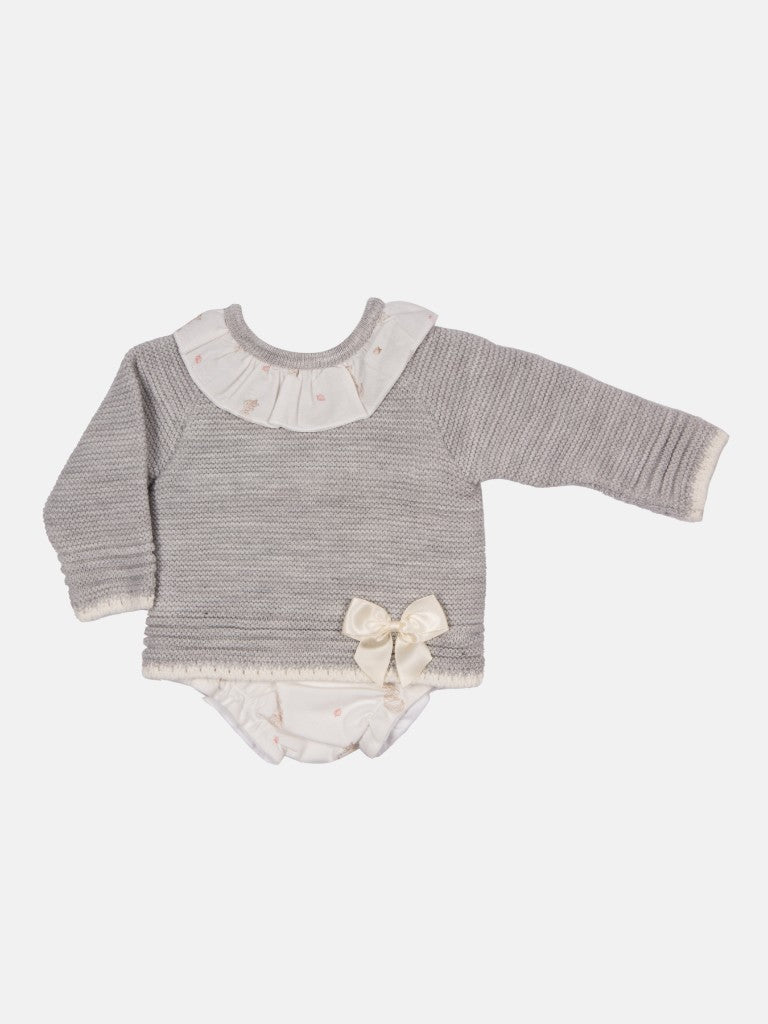 Baby Girl Mara Collection Knitted Set-Grey with Cream Bow