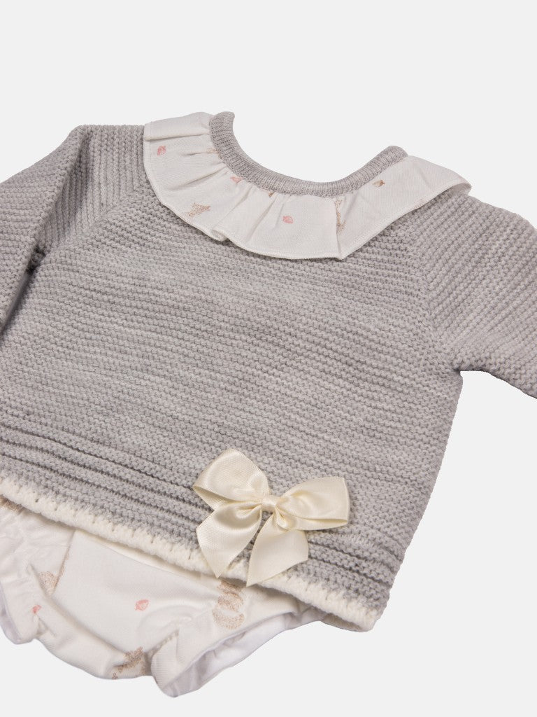 Baby Girl Mara Collection Knitted Set-Grey with Cream Bow