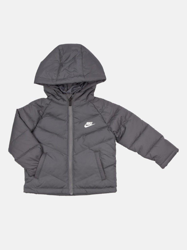 Nike Junior Full Sleeves Logo Printed Puffer Jacket with Hood - Grey