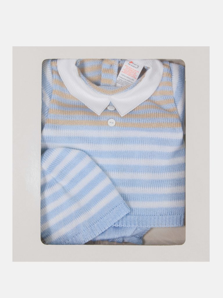Baby Boy 3 Piece Striped Summer Knitted Gift Box Set-Baby Blue